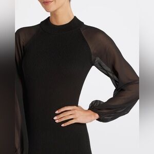 LONDON TIMES Gilligan Midi Dress Large Black, blouson bishop sleeves